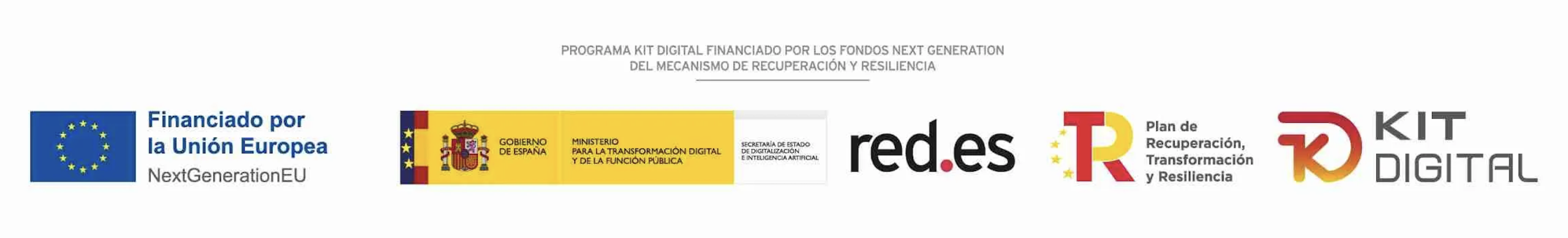 Logos oficiales del programa Kit Digital financiado por la Unión Europea - Next Generation EU, Gobierno de España, red.es y Plan de Recuperación, Transformación y Resiliencia